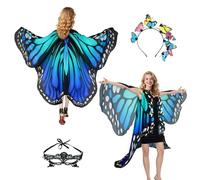 Butterfly Costume Women's Wings Butterfly Wings Adult Two-Tier Fancy Dress Costumes Women's Cape Fancy Dress Butterfly Costume Accessories 3 Set Face Mask Sensor (Headband Green Blue)