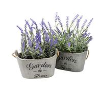 Butterfly Craze Artificial Lavender Plants in Wooden Planters - Beautiful, Lifelike Faux Silk Floral Arrangements for Patio, Home Décor, Office & Beyond - in Grey Planter Pots (Set of Two)