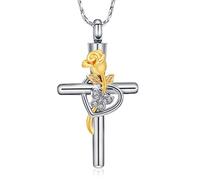 Butterfly Cross Necklace for Ashes Birthstone Rose Flower Cremation Jewelry for Women Gilrs Keepsake Memorial Ashes Pendant (Silver-gold)