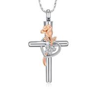 Butterfly Cross Necklace for Ashes Birthstone Rose Flower Cremation Jewelry for Women Gilrs Keepsake Memorial Ashes Pendant (Silver-rose)