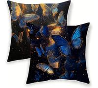 Butterfly Cushion Covers 45cm x 45cm Outdoor Pillow Cases 2 pack, Waterproof Cushion Covers Blue, Double-Sided Printing Velvet Square Throw Pillowcases for Garden Sofa Bedroom Couch Living Room lj-299