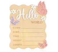 Butterfly Daisy Hello World Board - Little Butterfly Birth Announcement Sign,Wooden Hello World Card for Hospitals,Newborn Birth Information Record Board,Daisy Nursery Decorations Photo Props