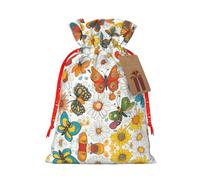 Butterfly Daisy Print Festive Red Drawstring Bag, Small Favors Pouch Ideal For Christmas Party Gifting-S Size