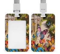 Butterfly Dance Along The Flower Path Badge Holder with Lanyard,Vertical Hanging Name Card Holder with Clear Window,Butterfly Dance Along The Flower Path ID Card Holder for Nurse Teacher Office Women