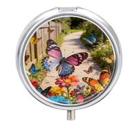 Butterfly Dance Along The Flower Path Round Pill Box with Mirror 3 Compartment Portable Pill Case for Travel Outdoor Use Cute Small Pill Organizer for Pocket Or Purse