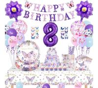 Butterfly Decoration Birthday, Butterfly Birthday Decoration 8 Years Girl, 8th Children's Birthday Decoration, Paper Plates, Paper Cups, Napkins, Tablecloths, Banner Balloons, for Birthday Girls 8