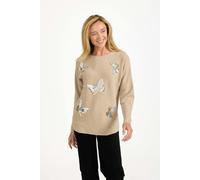 Butterfly Diamanté Embellished Batwing Jumper - Beige - 14