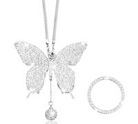 Butterfly Diamond Car Accessories with Engine Start Stop Decoration Ring, Car Rear View Mirror Decoration Accessories, Hanging Interior Decoration Bling Pendant Lucky Gift for Women Girls, Silver