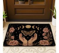 Butterfly Door Mat, Bohemian Artistic Hands Flowers Fall Black Washable Low Profile Back Doormat Entryway Decor for Front Porch Bathroom Office 29x17 Inch