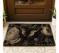 Butterfly Door Mat, Elegant Vintage Roses Leaves Black Rubber Non-Slip Welcome Entry Mat Home Decor for Entryway Outdoor Porch Balcony 29x17 Inch