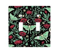 Butterfly Double Light Switch Cover Plate, Botanical Vintage Poppy Vine Fall Green Plastic Standard Size Switch Plate Decorative for Living Room Bedroom Home Office Decor