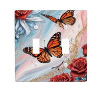 Butterfly Double Light Switch Cover Plate, Floral Romantic Rose Flower Spring Red Plastic Standard Size Toggle Light Switch Cover for Bedroom Bathroom Kitchen Entrance Decor