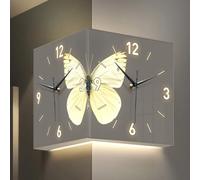 Butterfly Double Sided Corner Wall Clock, Drill-Free Installation, LED Display Remote Control, Silent, Battery Operated, for Living Room Hallway Decoration, Easy to Read
