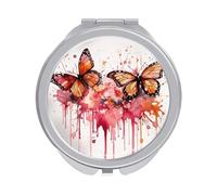 Butterfly Drip Spray Watercolor Compact Mirror for Purse, Double-Sided 1x/2x Magnifying Metal Pocket Makeup Mirrors, Folding Mini Vanity Mirror, Handheld Round Travel Cosmetic Mirrors for Women