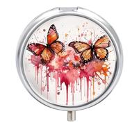 Butterfly Drip Spray Watercolor Pill Box - 3 Compartment Travel Pill Organizer with Small Mirror, Portable Pillcase for Pocket & Purse, Cute Round Medicine Case, Weekly Medicine Container
