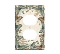 Butterfly Duplex Outlet Covers Wall Plate, Nature Vintage Fern Seed Spring Teal Plastic Standard Size Double Power Outlet Cover Plate for Home Living Room New Apartment Decor