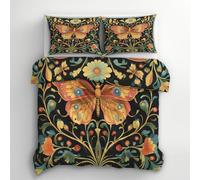Butterfly Duvet Cover Double Bedding Set, Boho Botanical Floral Pattern, Reversible Design Bedroom Decor Bed Quilt Cover with 2 Pillowcases, Microfiber, Zip - SMK4993