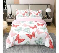 Butterfly Duvet Cover Set Double Size 100% Cotton,Lovely Animal Garden Wings Kids Bedding Set,Dreamy Fantasy Fashion Room Decor,White Red Green Quilt Cover,2 Pillowcases(No Filler)
