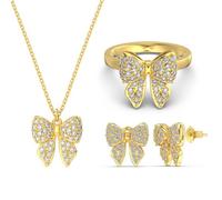 Butterfly Earring Necklace Ring Set - Sterling Silver 18K Gold Plated Dainty Jewelry with Cubic Zirconia, Birthday Mitzvah Gifts for Women