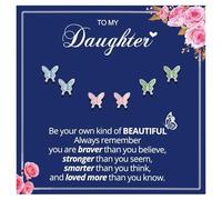 Butterfly Earrings for Daughter, Inspirational Stud Earrings Gift with Message Card, Be Your Own Kind of Beautiful Jewelry from Mom or Dad - 1 Pair or 3-Pair Set, M, Stainless Steel, No Gemstone