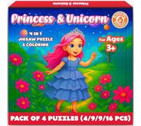 Butterfly EduFields 4-in-1 Princess & Unicorn Jigsaw Puzzles for Girls 38 Pcs Puzzle Toy for Kids Age 3 4 5 6 7 Years Preschool Learning with Coloring Sheets Birthday Gift for Girls 38 pieces