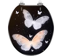 Butterfly Elongated Toilet Seat - Black Resin, White Line Art, Quiet Close, Quick Release Hinges, Easy Clean & Install, Decorative Bathroom Upgrade (pattern5 O)