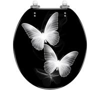 Butterfly Elongated Toilet Seat - Black Resin, White Line Art, Quiet Close, Quick Release Hinges, Easy Clean & Install, Decorative Bathroom Upgrade (pattern4 O)
