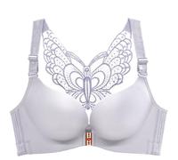 Butterfly Embroidered Front Closure Lace Support Push Up Daily Bras Beauty Back Bralette For Women Wireless Plus Size Lingerie Top Corset Bra(Grey,40D)