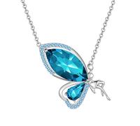 Butterfly Fairy Pendant Necklace - Woman 925 Sterling Silver Elegant Angel March Birthstone Blue Crystal Necklace Jewelry Christmas Birthday Gift for Wife Mother DP0371M