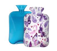 Butterfly Feather Purple Hot Water Bottle with Cover, 2L Large Capacity Hot Water Bag for Hot Cold Compress, Hand Feet Warmer, Neck Shoulder Pain Relief