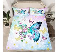Butterfly Fitted Sheet Single Size, Mermaid Fish Scale Bed Cover with 1 Pillowcase, Colorful Floral Butterfly Bedding Set 2pcs for Kids Girls Room Decor, Soft Polyester Bedding