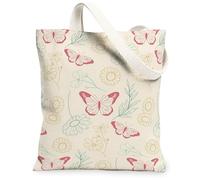 Butterfly Floral Canvas Tote Bags, Nature Pattern Reusable Grocery Bags, Spring Vintage Washable Shoulder Strap Canvas for, Cream, 13x15 Inch