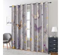 Butterfly Floral Curtains Blackout, 52x84 Inch 2 Panels - Grey Purple Garden Flower Pattern Black Out Curtains, Home Decor, 84 Drop Eyelet Window Drapes for Bedroom, Living Room KA131