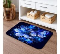 Butterfly Floral Quick Dry Bath Mat, Blue Butterfly Design Absorbent Non Slip Shower Mat, Elegant Memory Foam Washable Bath Rugs for Bathroom Toilet Restroom Decorative 16x24 Inch