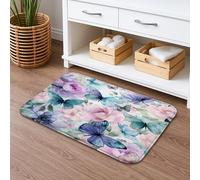 Butterfly Floral Quick Dry Bath Mat, Blue Peach Flower Absorbent Non Slip Shower Mat, Spring Flannel Washable Rugs for Bathroom Toilet Decorative 20x32 Inch