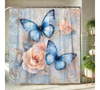 Butterfly Floral Shower Curtain, Blue Elegant Blooming Roses Bath Curtain for Bathroom Decor, Spring Summer Artistic Waterproof Fabric Shower Curtain Set with Hooks 72x78 Inch