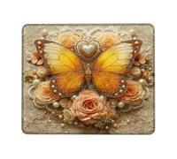 Butterfly Floral Square Desk Mouse Pad, Yellow Orange Monarch Butterfly Stitched Edge Mousepad, Rubber Non-Slip Washable Gaming Mouse Pad for Home and Office Computer, Laptop Square 8x10 Inch