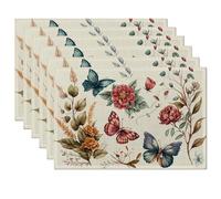 Butterfly Floral Vintage Placemats Set of 6,Table Mats Non-Slip Heat Resistant Washable Placemat for Party Kitchen Dining Table Decoration Indoor Outdoor