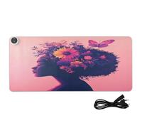 Butterfly Floral Woman Pink Print Heated Desk Mat Large Heated Non-Slip Desk Pad with 3 Heating Levels PU Leather Computer Accessories for Office Work Home, 35.4x15.7in