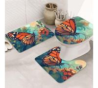 Butterfly Flower Beds Bathroom Rugs Sets 3 Piece, Soft Absorbent Memory Foam Bath Mats And U Shaped Contour Toilet Rug, Home Decoration, Quick Dry
