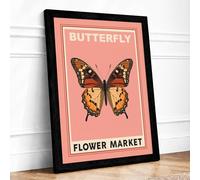 Butterfly Flower Market Vintage Framed Wall Art Print A3 Black