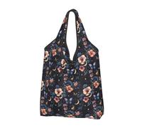Butterfly Flower Moon Sky Print Reusable Grocery Bags Shopping Bags - Foldable Grocery Bag Tote Bag with Handles, Black, 1 PCS