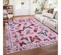 Butterfly Flower Print Rug, 60x90cm Bohemian Vintage Floral Leaf Fashionable Girl's Bedroom Beautiful Rug, Soft Non-Slip Washable Floor Mat, Cute Pink Carpet for Living Room Bedroom Home Decor