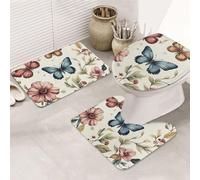 Butterfly Flower Retro Bathroom Rugs Sets 3 Piece, Soft Absorbent Memory Foam Bath Mats And U Shaped Contour Toilet Rug, Home Decoration, Quick Dry