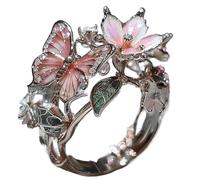 Butterfly Flower Ring,Enamel Butterflys Flower Ring,Size Can Be Changed at Will,Women's Fashion Shiny Flowers Butterfly Rings (Slivery-A)