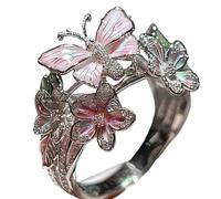 Butterfly Flower Ring,Enamel Butterflys Flower Ring,Size Can Be Changed at Will,Women's Fashion Shiny Flowers Butterfly Rings (Slivery-D)