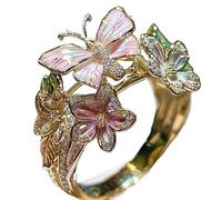 Butterfly Flower Ring,Enamel Butterflys Flower Ring,Size Can Be Changed at Will,Women's Fashion Shiny Flowers Butterfly Rings (Rose Gold-D)