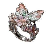 Butterfly Flower Ring,Enamel Butterflys Flower Ring,Size Can Be Changed at Will,Women's Fashion Shiny Flowers Butterfly Rings (Slivery-C)