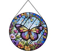 Butterfly Flower Stained Windows Hanging Suncatcher ,Crystal Flower Stained Glass Suncatchers Window Ornament Stained Glass Panel Sun Catcher Wall Hanging Decor Birthday Gift