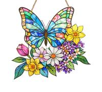 Butterfly Flower Sun Catcher for Windows, Acrylic Butterfly Stained Glass Suncatchers for Windows, Colourful Flower Insect Window Hanging Decor, Floral Butterfly Garden Ornament